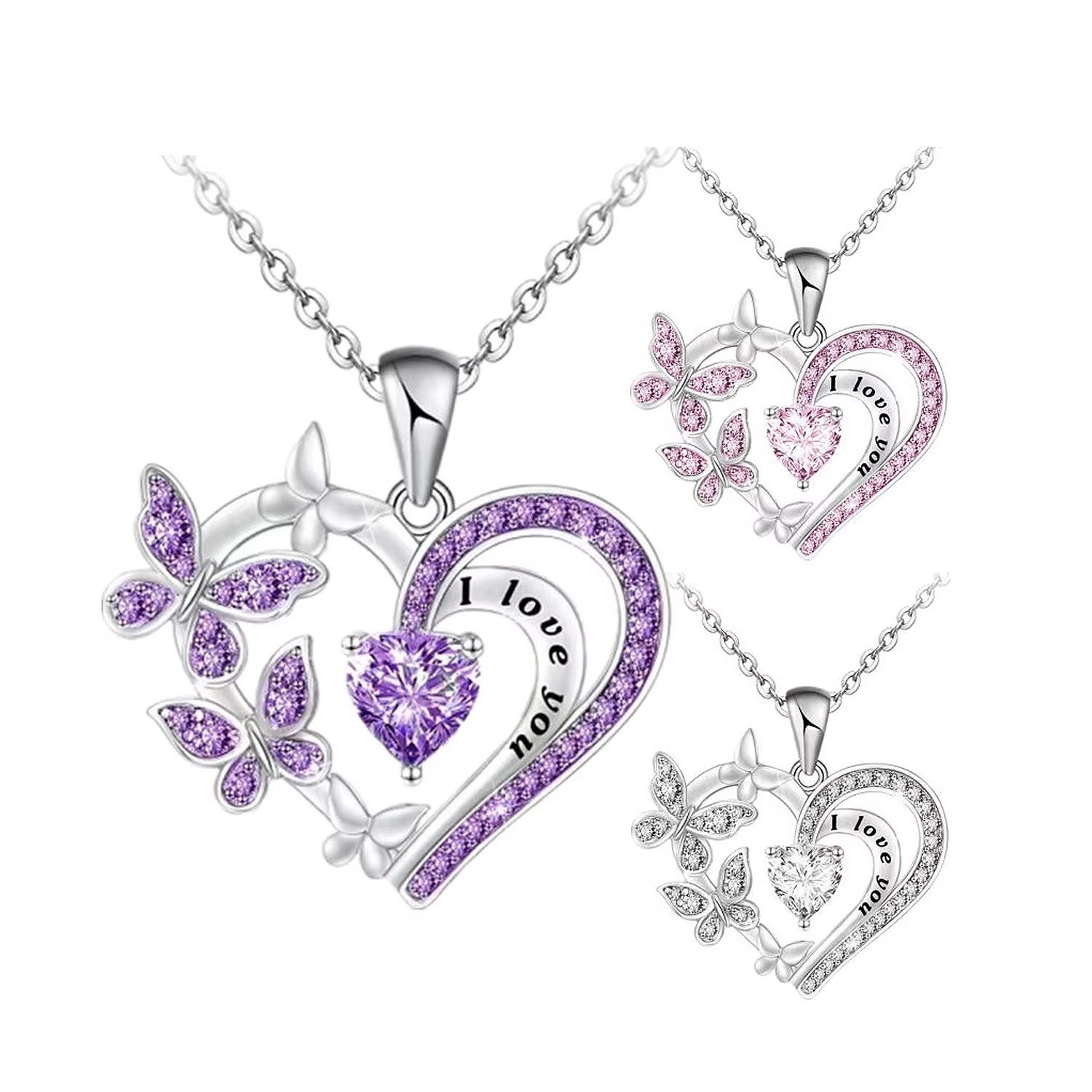 Fashion Jewelry Necklace for Butterfly Design Heart Shaped White/Purple Crystal Silver Plated Pendant Necklaces for Women